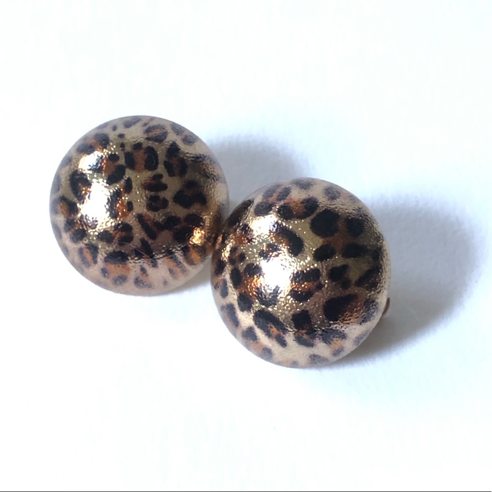 VTG Clip-on Leopard Metal Bubble Button Earrings Gold Vintage Leopard Print